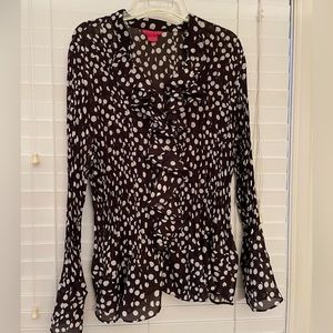 Ruffled plus size blouse on dark chocolate with polka dots